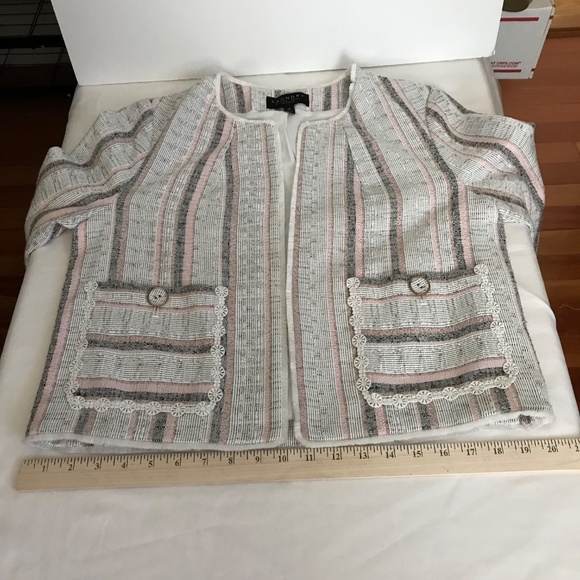 LAUNDRY By Shelli Segal Cropped Open Front Tweed Striped Blazer Jacket Size 10 - Picture 15 of 16